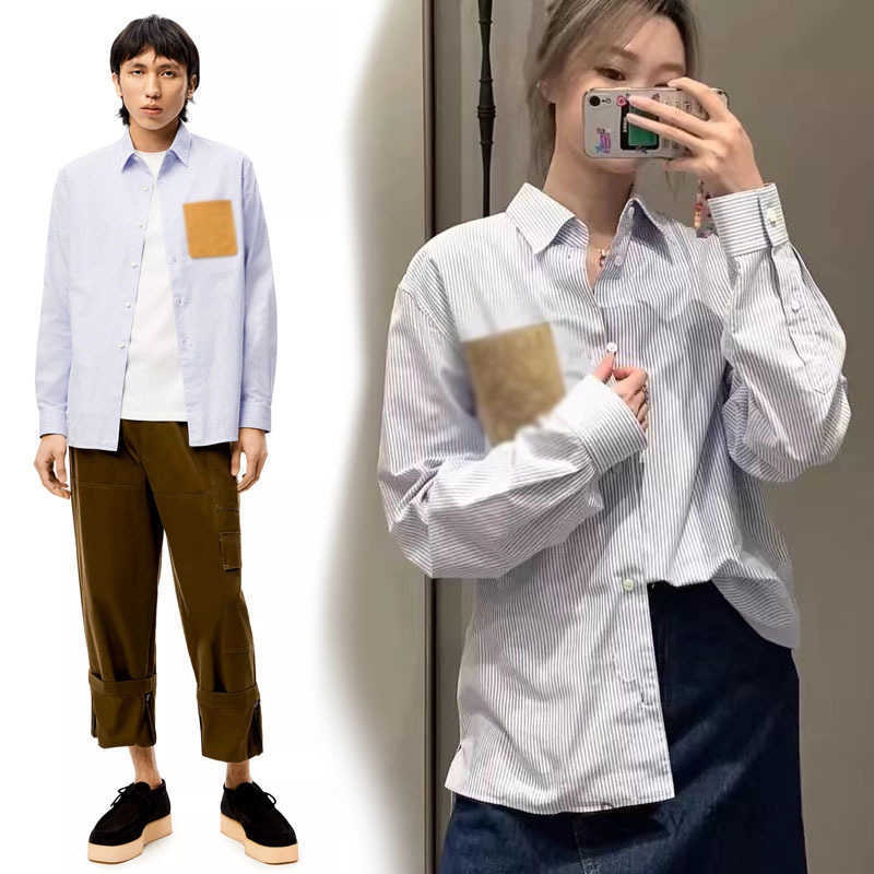 

New Italian Weipi pocket for lovers blue and white striped loose long-sleeved shirt for men and women, 9938 # blue/white stripe