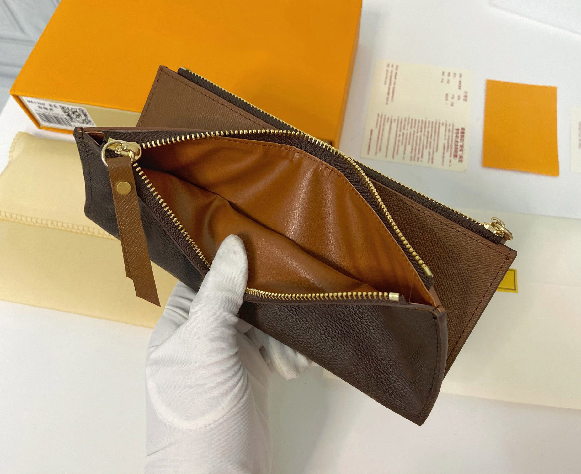 

Fashion designer wallets luxury Adele purse mens womens clutch Highs quality monograms zipper coin purses ladies slim card holder original box double bag style, 61269#brown monogrames