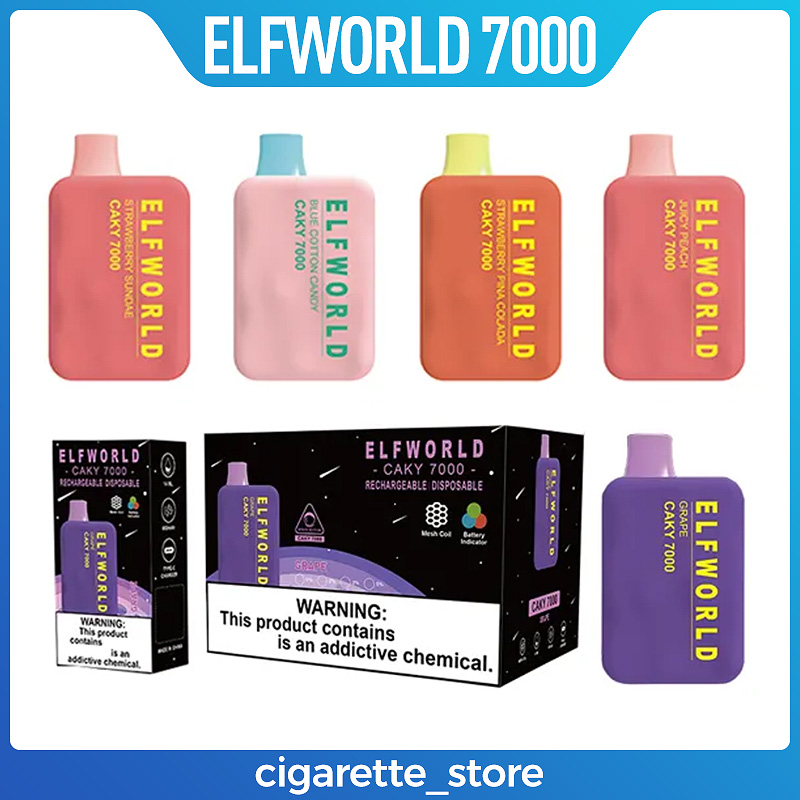 

Original Elfworld Caky 7000 Puffs E Cigarettes Disposable Box Vape Pen 650mAh Rechargeable 14ml Refilled Reuse Cartridges Mesh Coil 5% Nic Vapes Pod Bar Vaporizer