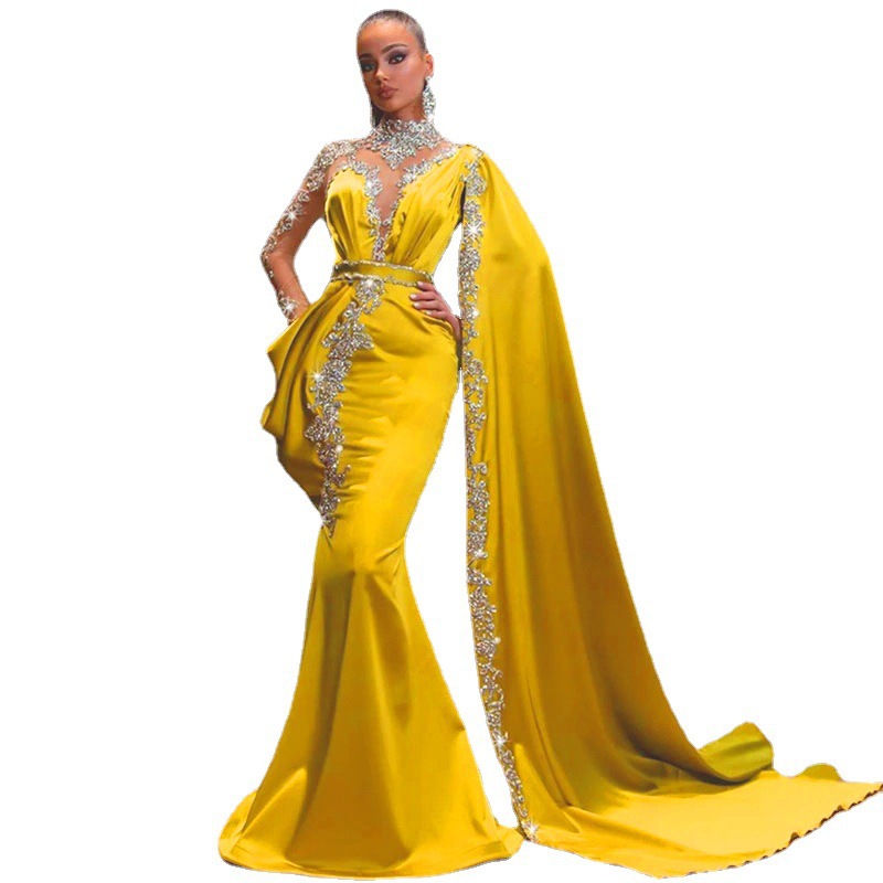 

2023 Casual Dresses Gold Party High Neck Beaded Rhinestones Mermaid Prom Gown Cape Long Sleeves Satin Arabic Dubai womens clothing, Yellow