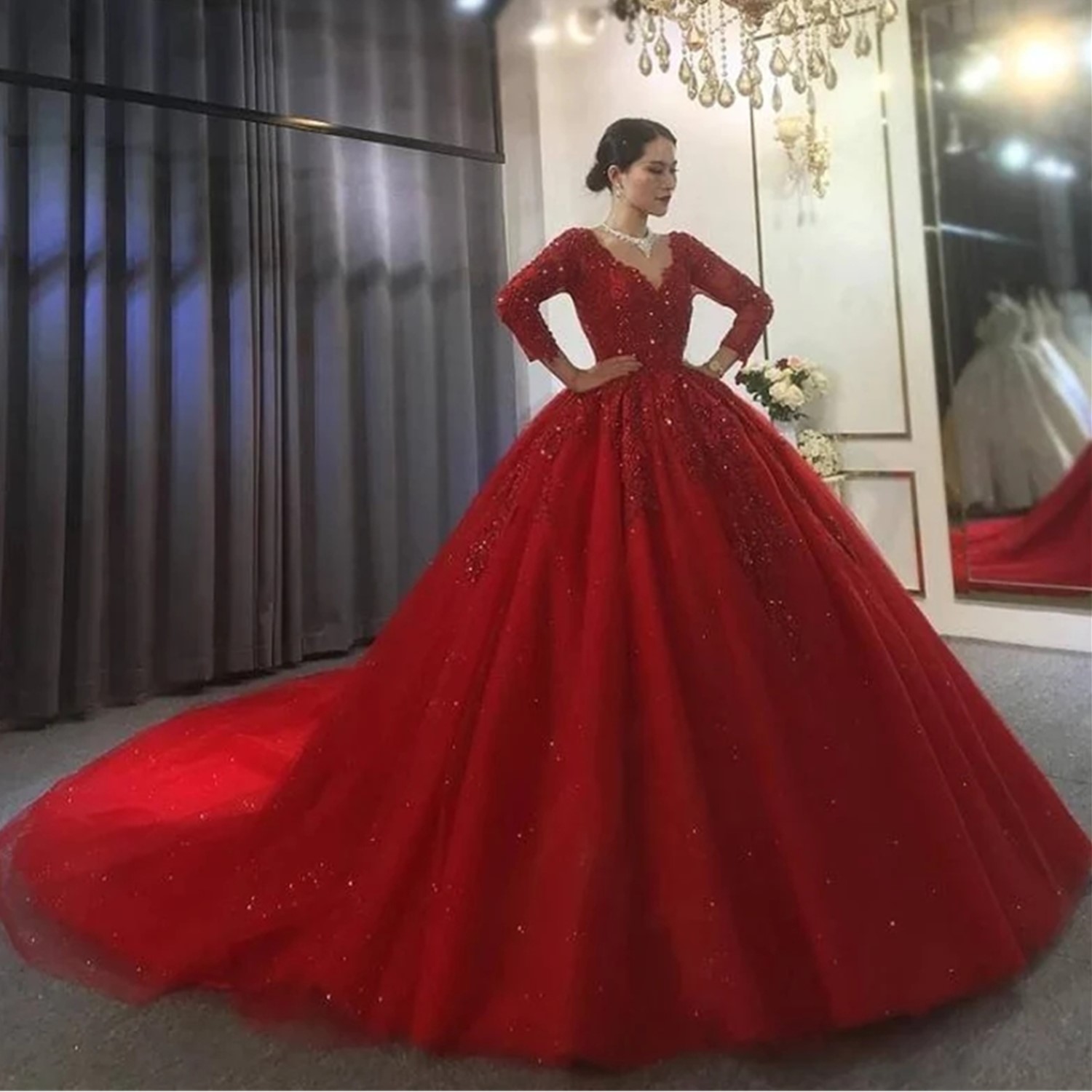 Elegant Luxury Modest V Neck Red Plus Size A Line Wedding Dress Bridal Gowns Sequins Long Sleeves Lace Applique Satin Chapel Train Formal Dresses