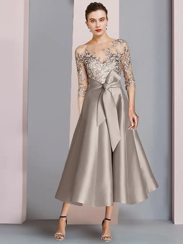 

Khaki A-line Mother of the Bride Dress 2023 Wedding Guest Party Gowns Elegant Scoop Neck Tea Length Satin Lace Half Sleeve with Bow Robe De Soiree