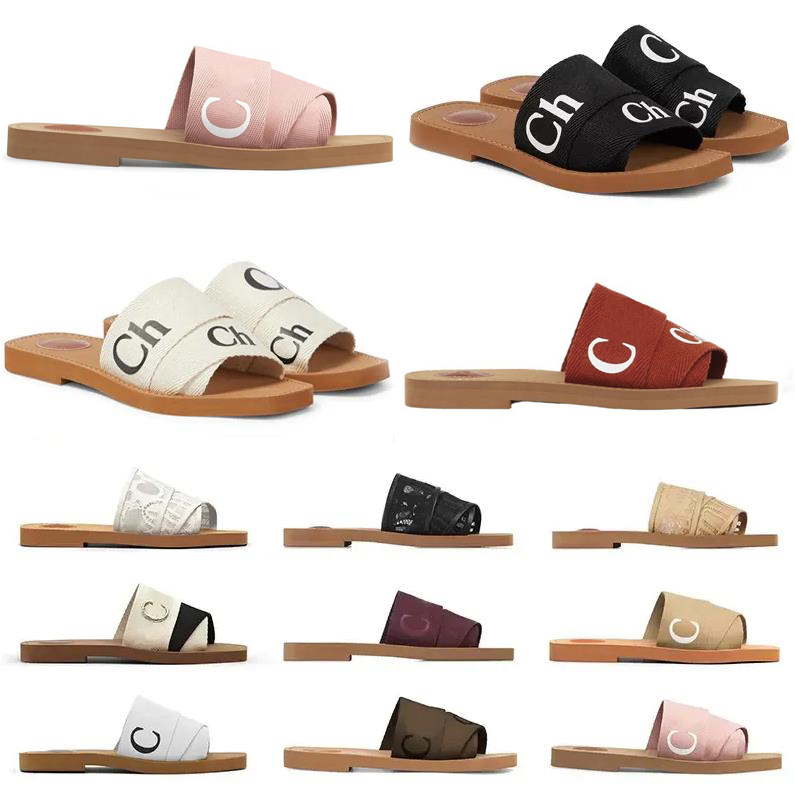 

Woody Slippers Sandals Slides Sliders For Women Mules Flat Slide Light Tan Beige White Black Pink Lace Lettering Fabric Canvas Woman Slipper Slider Sandal Scuffs LKJ, Color#12