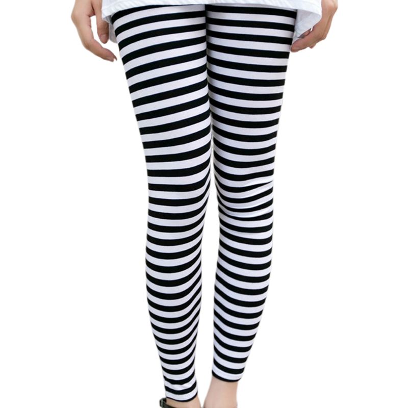 

Women's Leggings Autumn Ankle Length Skinny Leggings Black White Horizontal Striped Printing Pencil Pants Stretch Casual Pullover Tights