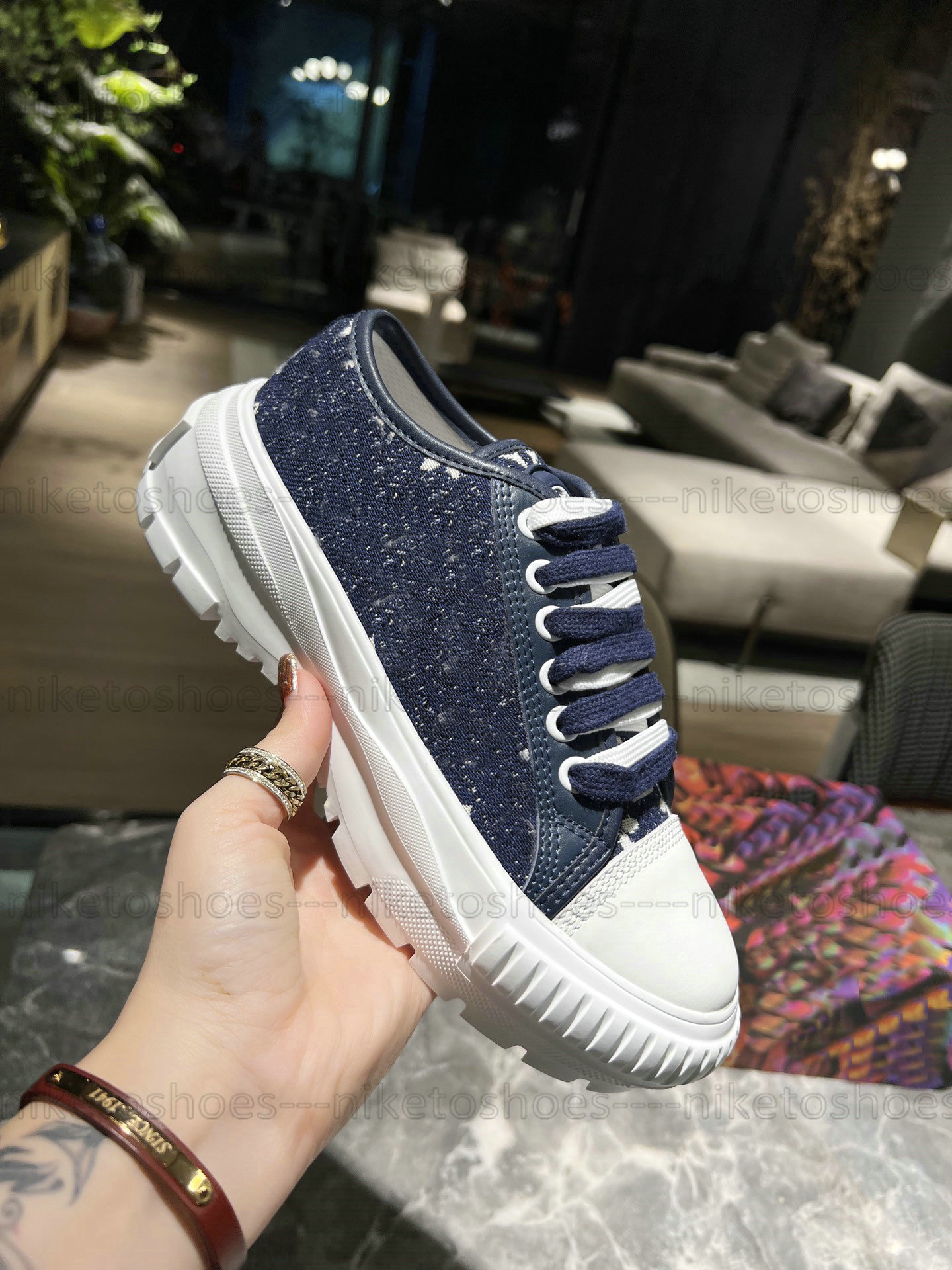 

Luxury designer Squad shoes Low-top Denim sneakers white blue pink high-top Men's and women's Lace-up Print Sneaker, 02
