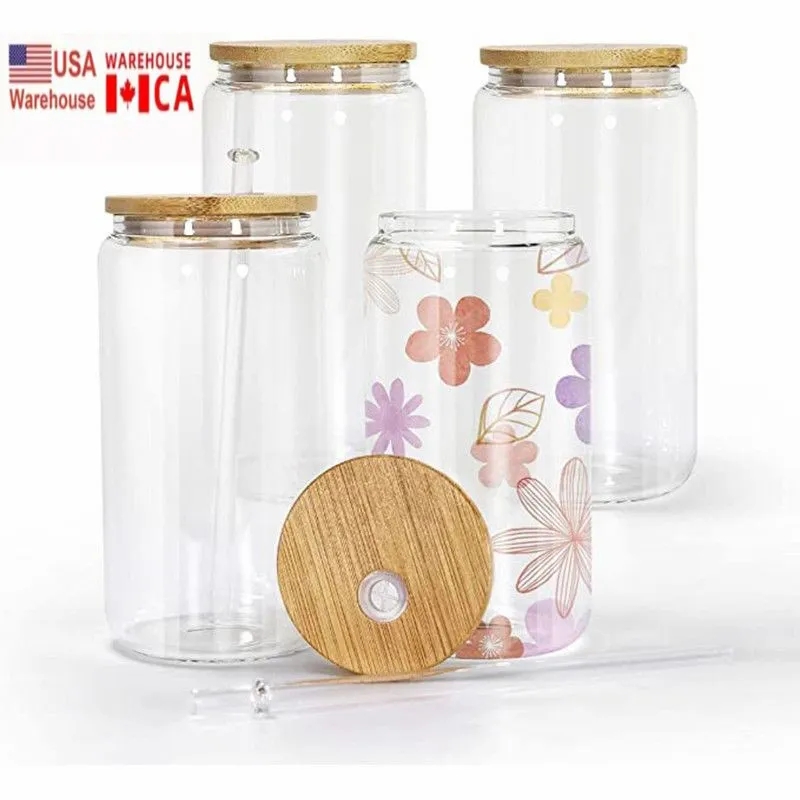 

USA/CA Local Warehouse Coffee Mugs 16oz Sublimation Blanks Cola Cans Tumbler Glass Cups Clear Frosted Jars Beer Iced Tea Cup With Bamboo Lid And Straws, Multi-color