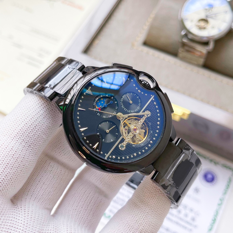 

New fashion trend mechanical watch designer men bias blue light balloon belt multi-functional automatic watch waterproof leather watch 316L stainless steel strap, Ocean blue