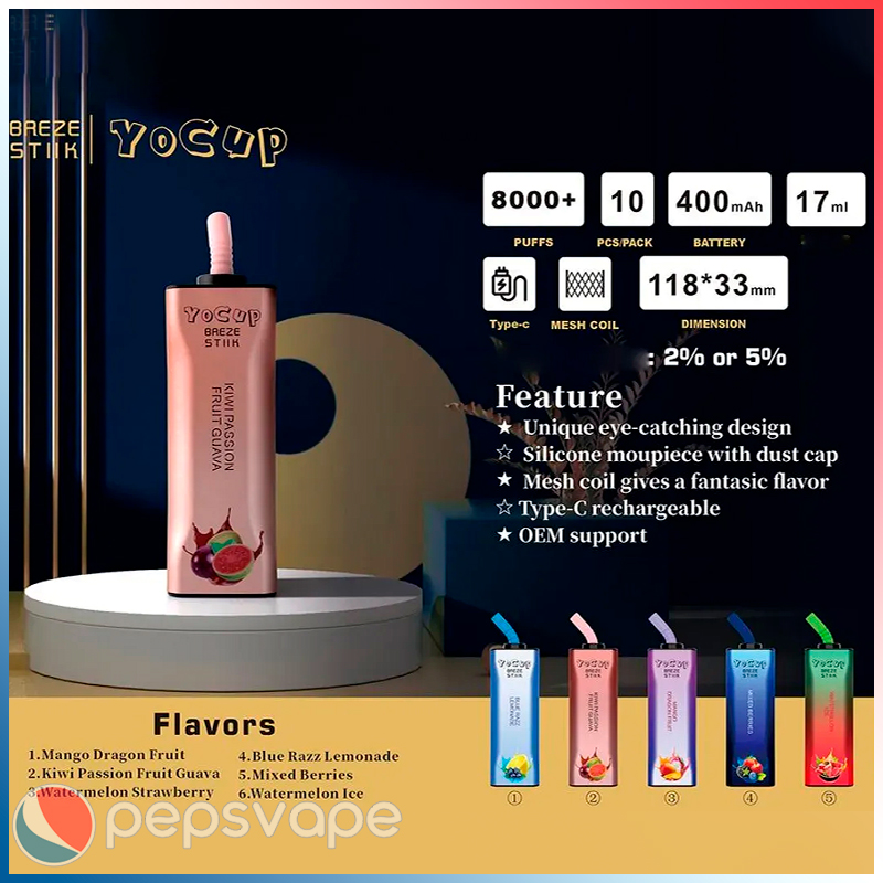 

Original Breze Stiik Yocup 8000 Puffs E Cigarettes 2%/5% Mesh Coil Disposable Vape Pen With 400mAh Rechargeable Battery 17ml breeze 2000