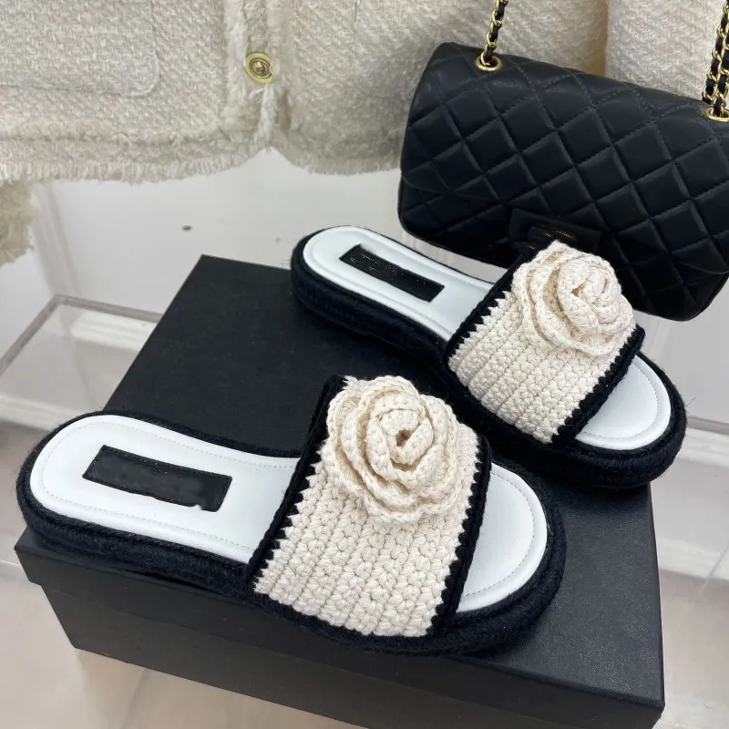 

Designer slides Shoes women Slippers crochet knitted rope woven new flat slippers Women's leather camellia summer wear open-toe one-half beach sandals flip, Dwssch1