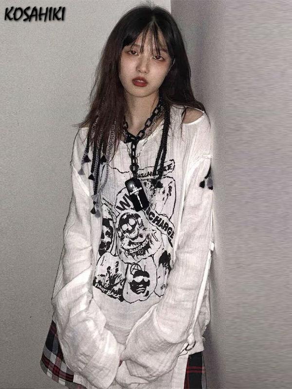 

T-Shirt KOSAHIKI Gothic Skull Print Loose T Shirt Women Off Shoulder Long Sleeve Japanese Harajuku Thin Tshirt Korean Fashion Y2k Tee, 11c046 white