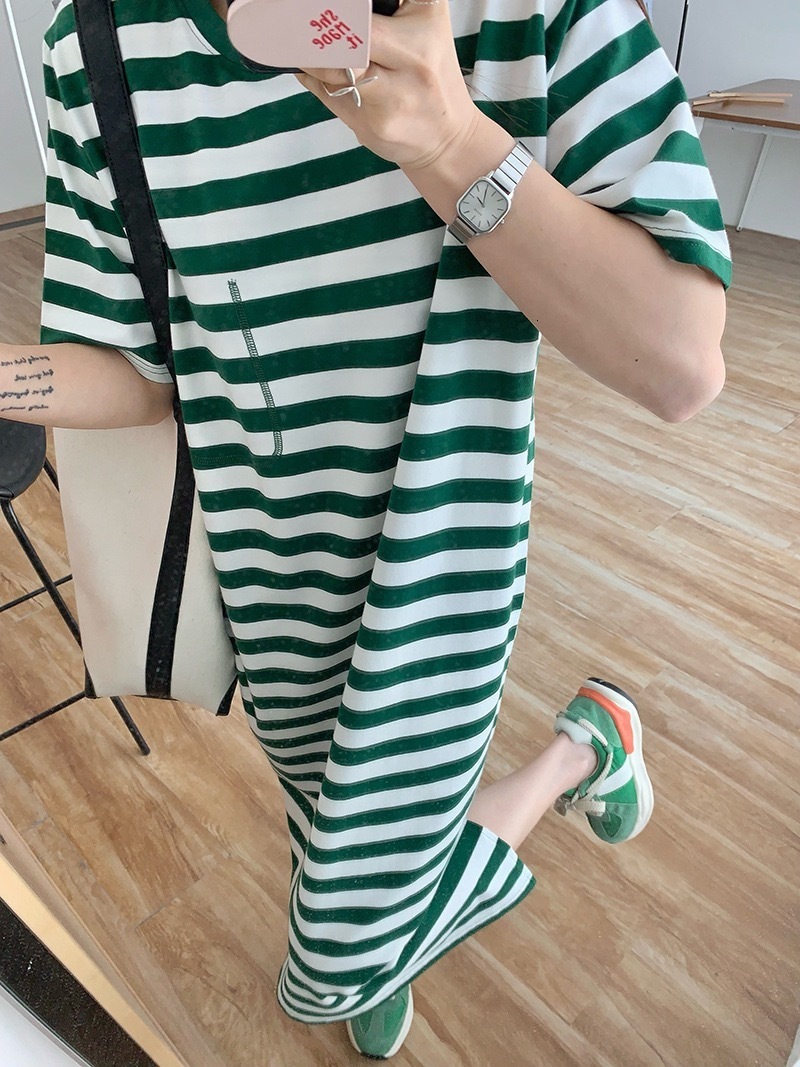 

Basic Casual Dresses Korean Summer New Korean Edition Simple Casual Horizontal Stripe Loose Slim Short Sleeve Dress Women's Top 2727, Navy blue stripes