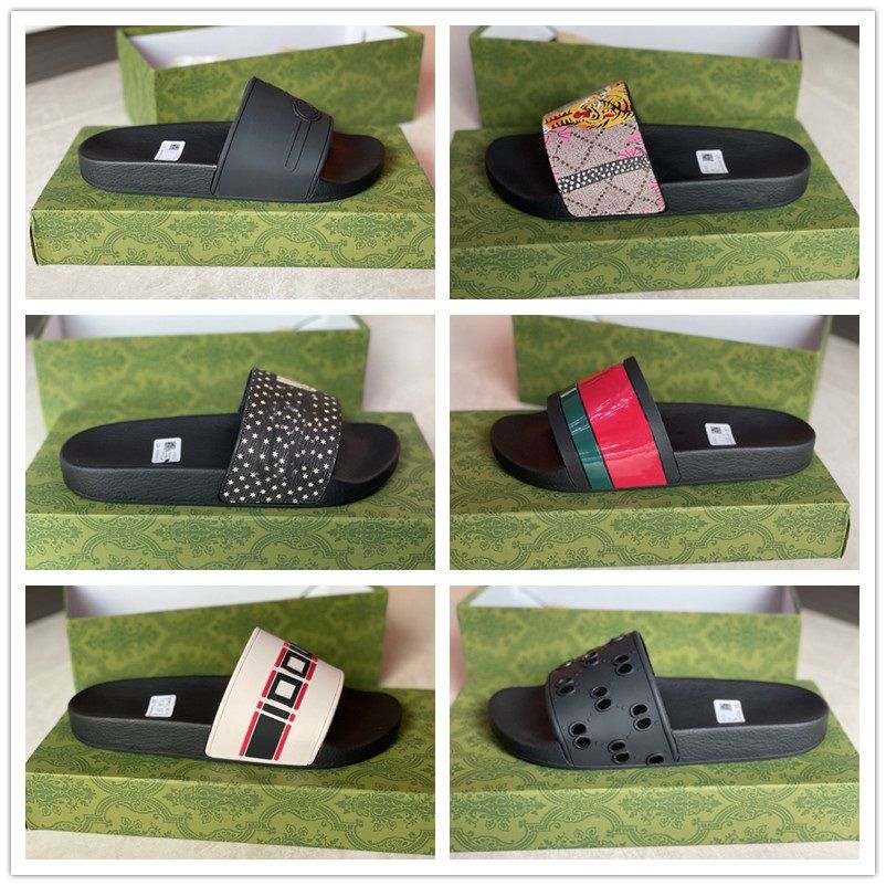 2023 New Rubber Slides Sandals Floral Brocade Women Men Slipper Flat Bottoms Flip Flops Womens Fashion Striped Beach Slippers WITH 36-46