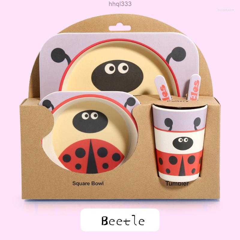 

X38e H4o5 Dinnerware Sets 5pcs/set Cartoon Dish Tableware Children Feeding Dishes Kids Baby Natural Bamboo Fiber with Bowl Fork Cup Spoon Plate