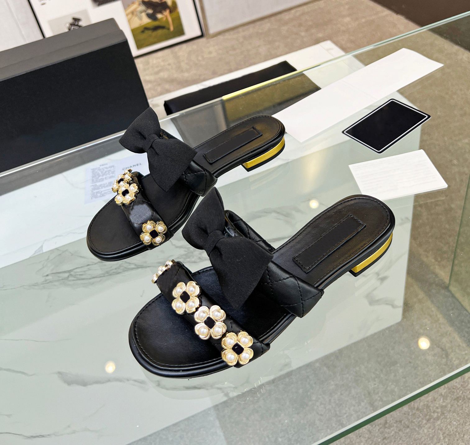 

2023 Summer Women Mule Slides Flat Slippers Lambskin Black bow Home Casual Sandals Designer Luxury Fashion Ladies Beach outdoors Flat Flip Flops Sandal, Customized
