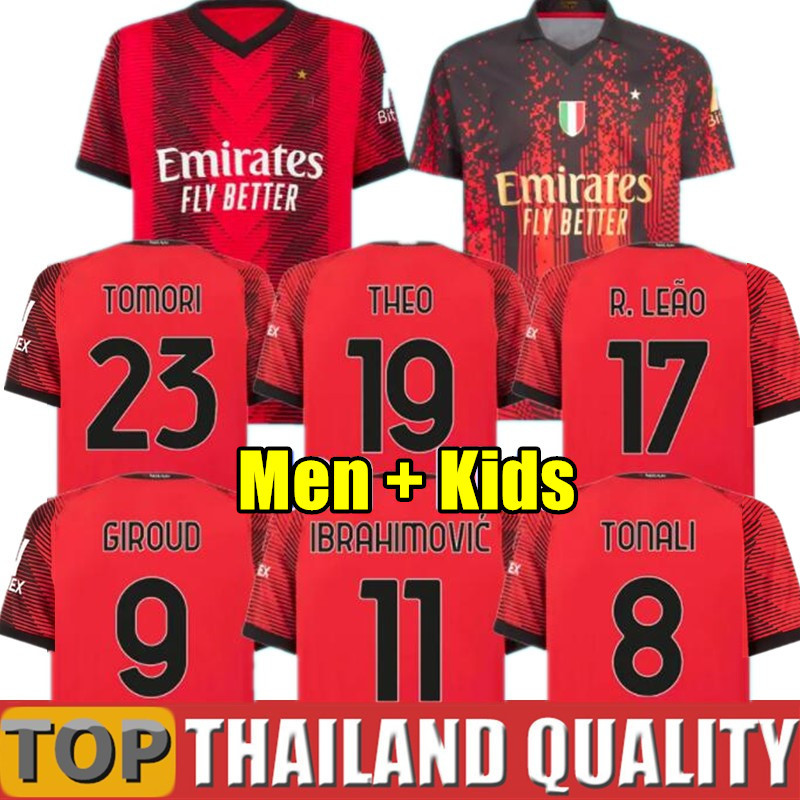 

23 24 soccer jerseys AC MILANS TOMORI KALULU IBRAHIMOVIC TONALI LEAO DE KETELAERE football shirt set SAELEMAEKERS MESSIAS JR maglia 2023 2024 men kids kit uniform, 23/24 home - men