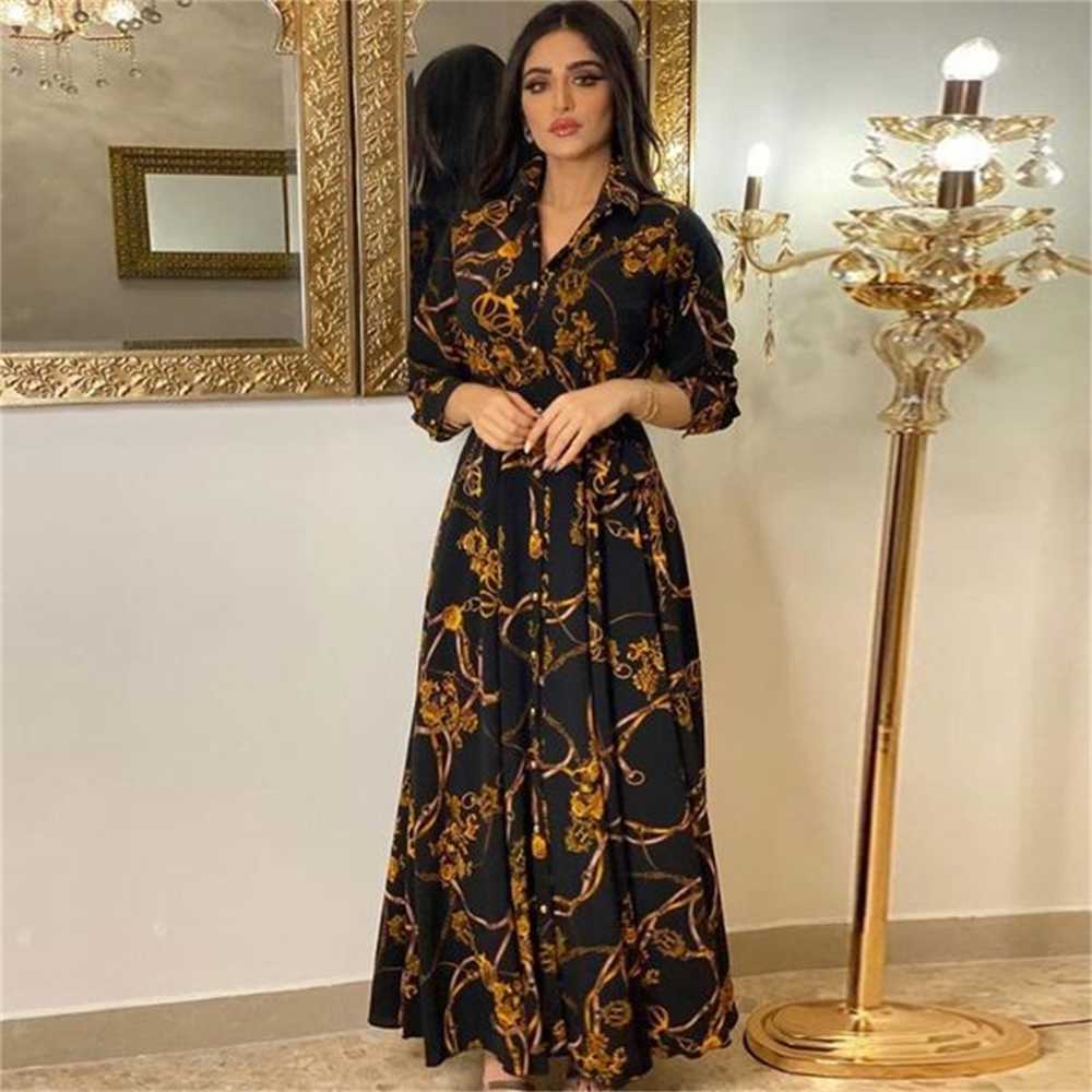 

Casual Dresses Fashion French Elegant For Women Summer Retro Print Muslim Dubai Abaya Lapel Single-breasted Long Sleeve Shirt Dress 3HMA, Blue