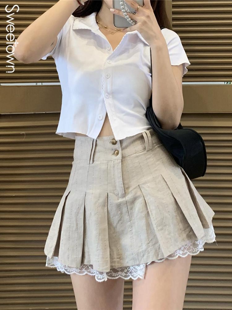 

Dresses Sweetown Korean Fashion Khaki Short Skirt Lace Trim Cute Pleated Skirts Womens Preppy Style Button Up High Waist Summer Skirt, As picture