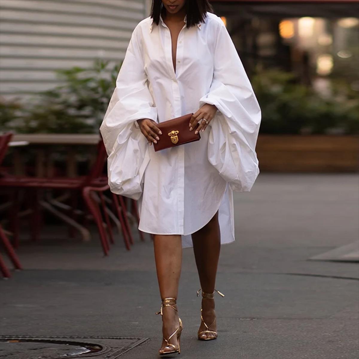 

Dresses Yeezzi Female Fashion White Statement Puff Sleeves Loose Pleated Splitside Solid Color Lapel Collar Midi Dresses for Women 2022