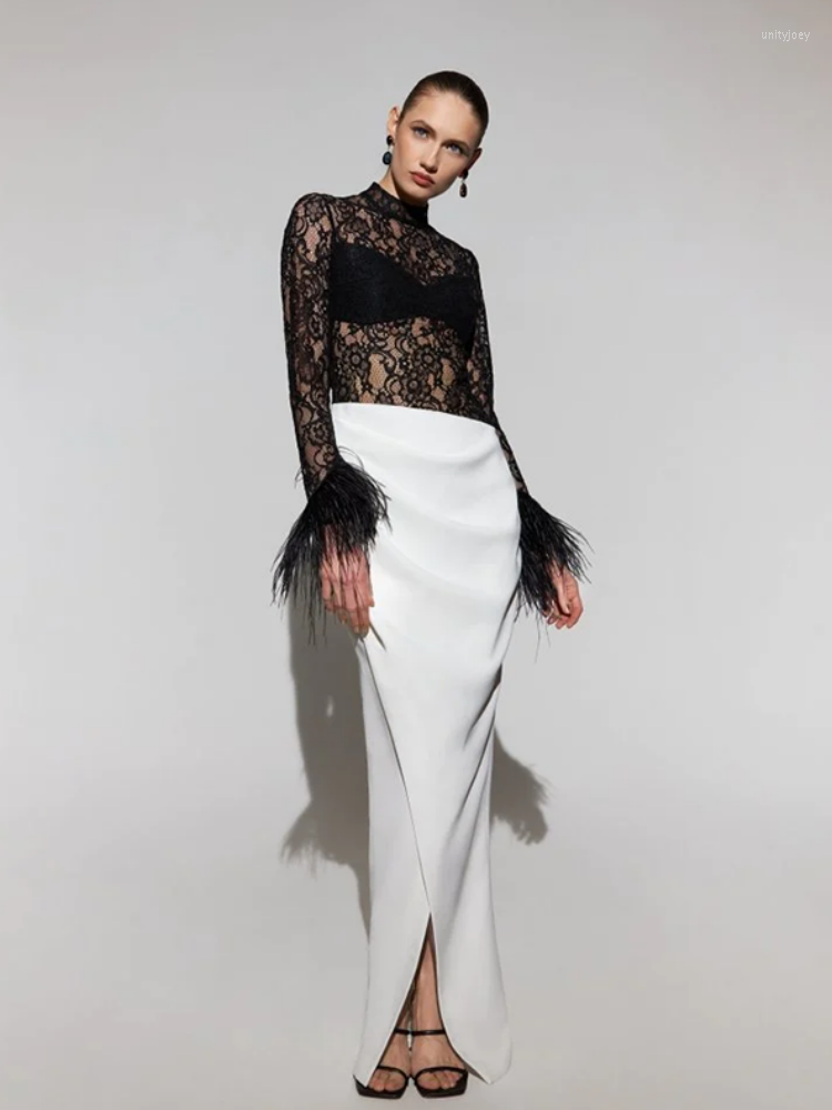 

Casual Dresses Sexy O Neck Lace Feather Long Sleeve Dress Elegant White Black Patchwork Feathers Split Slim Evening Party, Black white