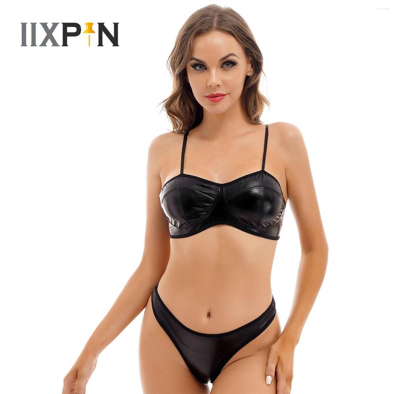 

Bras Sets Women Wetlook Lingerie Suit Latex Erotic Patent Leather Bikini Sexy Underwear Set Crop Top With Mini Briefs Ladies Clubwear, Type b