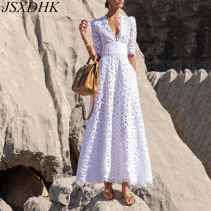 

Dresses Brand Ladies New Runway Summer Lace Party Maxi Dress Elegant Women Sexy Deep V Neck White Hollow Out Slim Hook Flower Long Dress