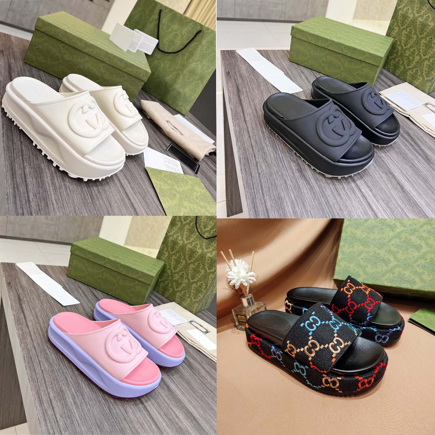 

2023 Women Interlocking Double G Thick Bottom Slippers Flat Bottom Slipper Rubber Non slip Sandals Printed Embossed Pattern Interlocking Elevated Slippers, #10