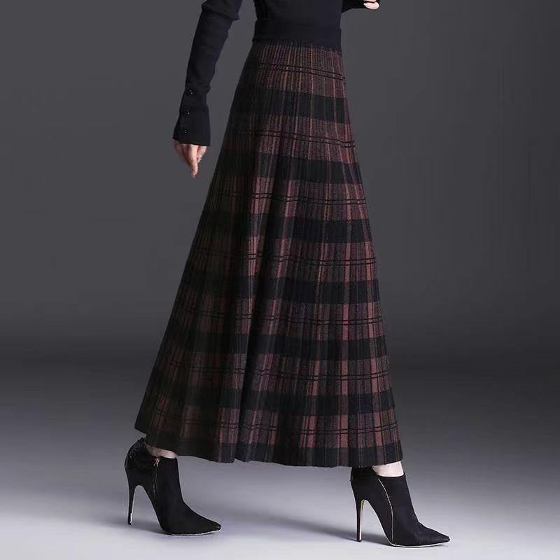 

Dresses Plaid Skirts for Women Knitted Skirts Winter Long Skirts Woman Fashion 2022 Warm Black Skirt Large Size Elegant Long Skirt Women, Coffee