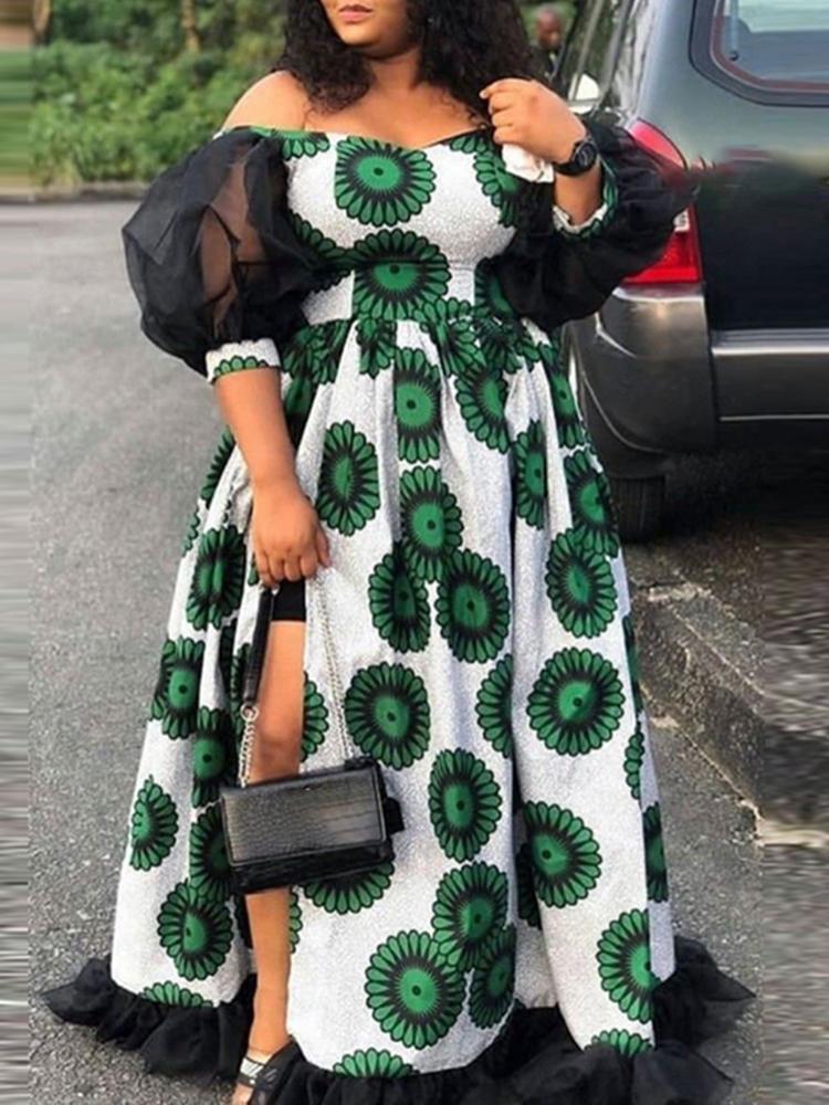 

Dresses Summer Half Sleeve Lace Patchwork Dress 2023 Vonda Women Sexy Off Shoulder Vintage Floral Print Maxi Dresses Patchwork Vestido, Green
