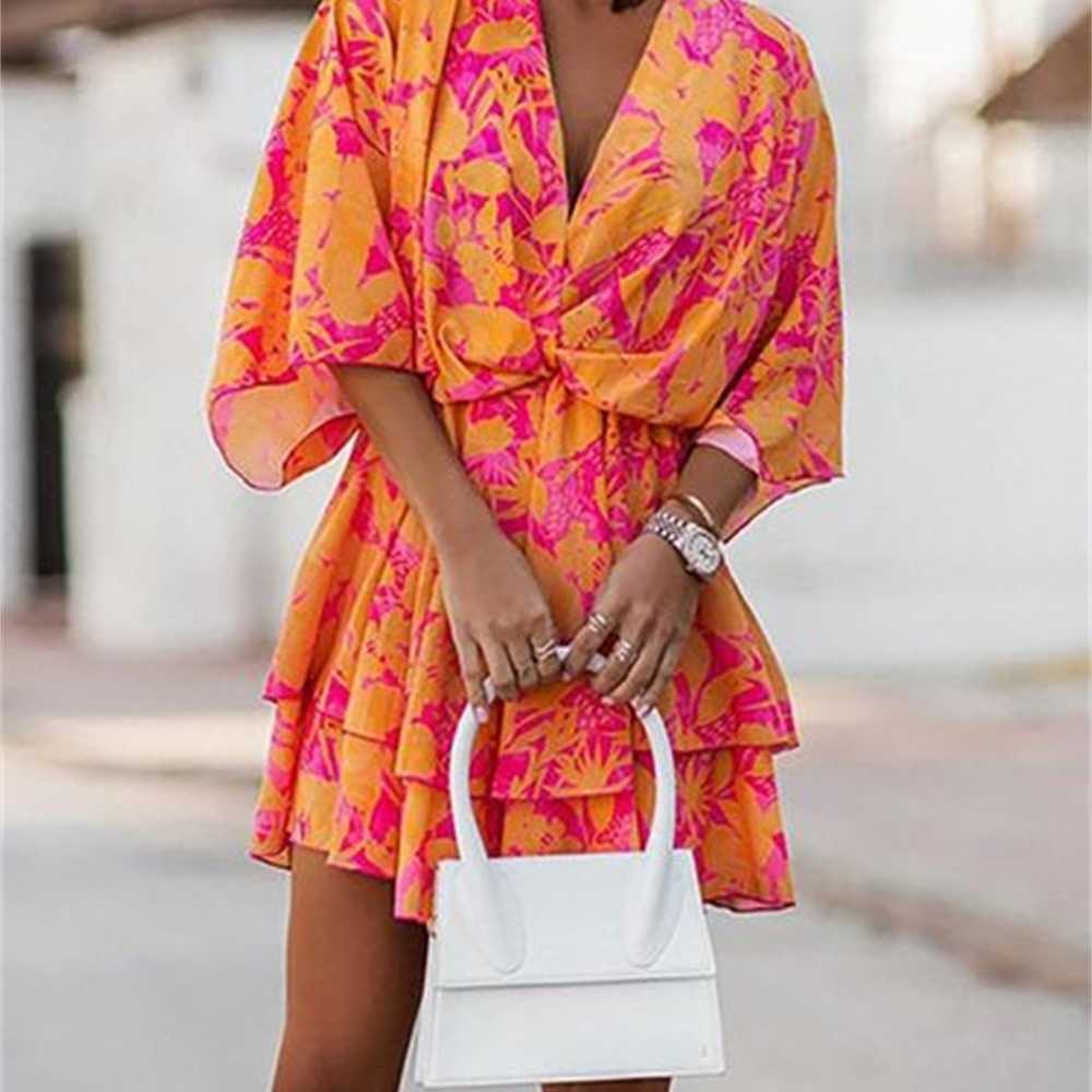 

Casual Dresses Women Short Sleeve V Neck Party Dress Commuter Fashion Print Beach Mini Lady Elegant Lace-up Ruffle Office DressesCasual JE7Z, Yellow