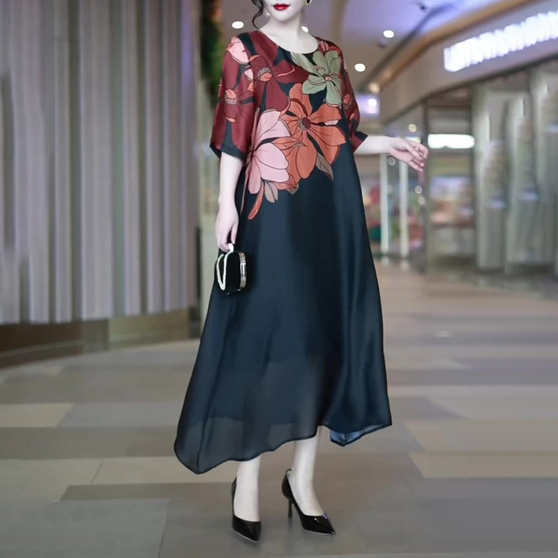 

73370# JRY New Summer Fashion Women Loose Dress Round Collar Short Sleeve Printing Casual Dress Lady Casual Dress Black/Blue/Red