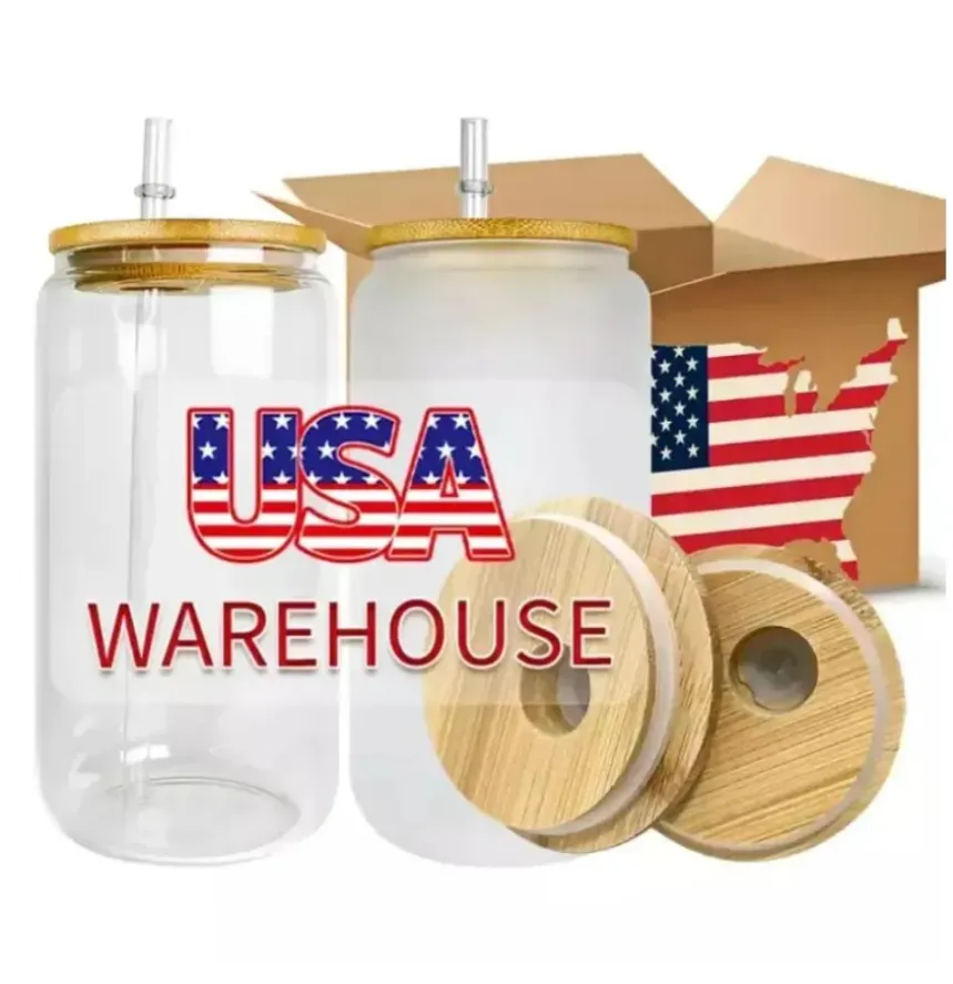 

CA US Warehouse!!! 3 days delivery !16oz Sublimation Glass Mugs Cup Blanks With Bamboo Lid Frosted Beer Can Glasses Tumbler Mason Jar Plastic Straw u0531, Multi-color