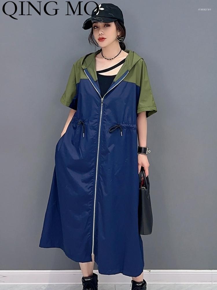 

Women's Trench Coats QING MO 2023 Summer Women Fashion Color Block Hooded Windbreaker Cardigan Coat Sunscreen Personalized Girl Top ZY112A, Green and blue