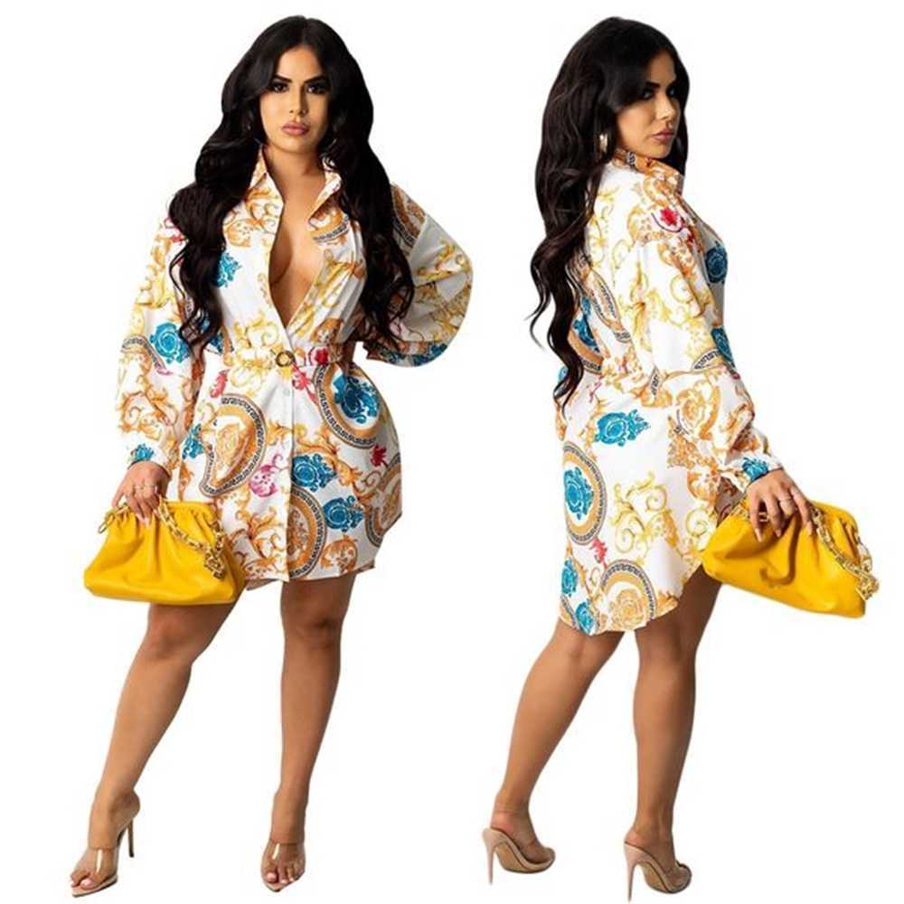 

Designer Casual Printed Shirt Dress with Belt Colors 2021 Autumn Fashion Luxury Elegant Shirts Style Dresses S- Z53P, Style 3