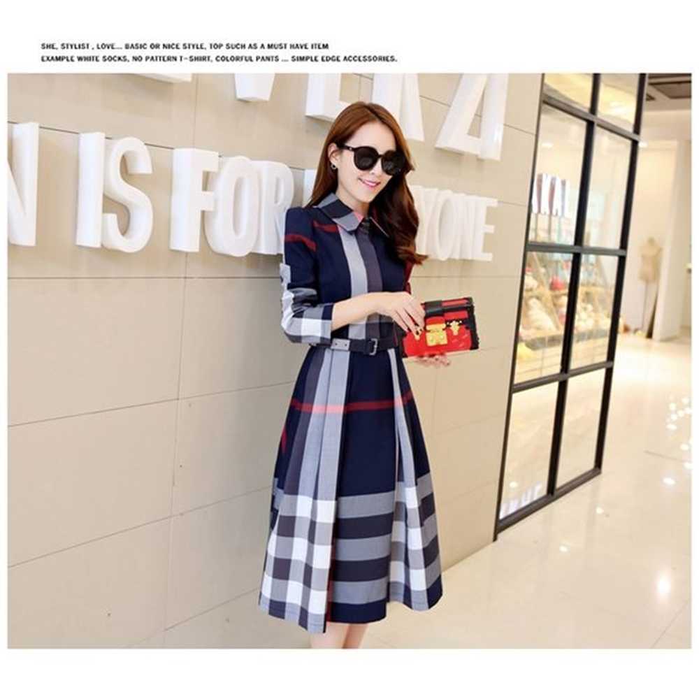 

Designer Spring Women Dress Summer Long Sleeve Stand Collar Plaid Party Work Business Shirt Dresses Clothing KVNN, Khaki