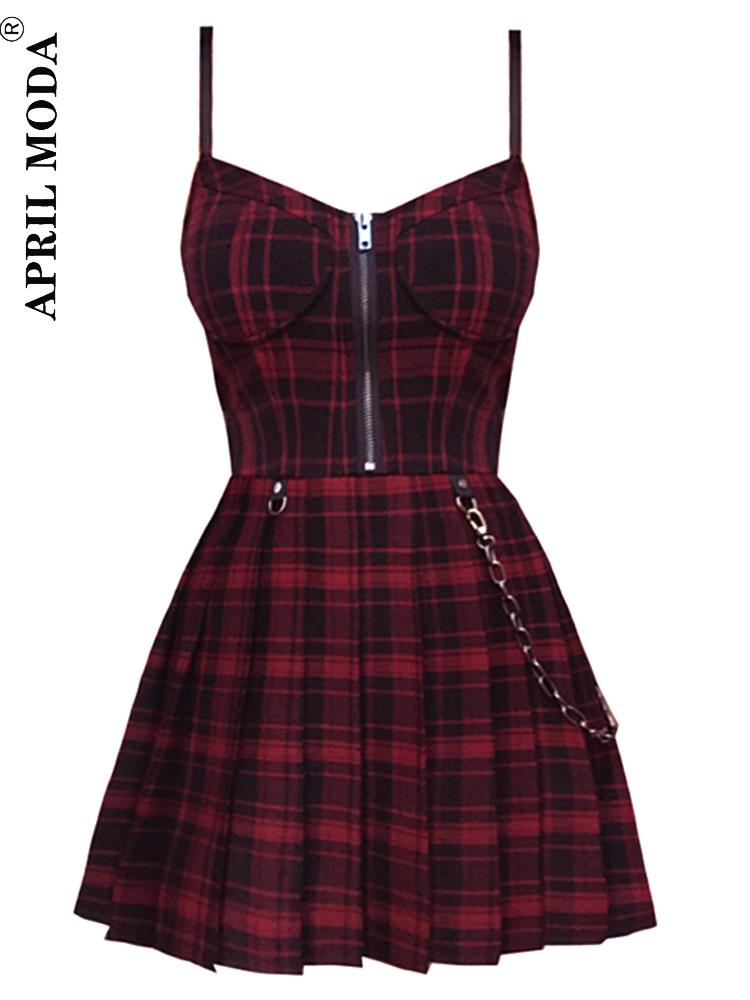 

Dresses Gothic Girls Red Plaid Pleated Emo Alt Dress Y2k Zip Up Robe Femme Punk Black Spaghetti Strap Mini Short Jurken Goth Streetwear, Polyester design3
