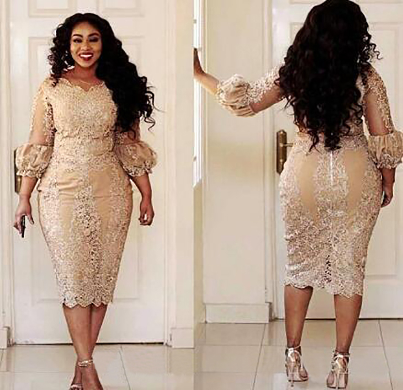 

2023 Champagne Lace Short Mother of the Bride Dresses Plus Size Tea Length 3/4 Long Sleeve Sheath Mother of Groom Gowns M02