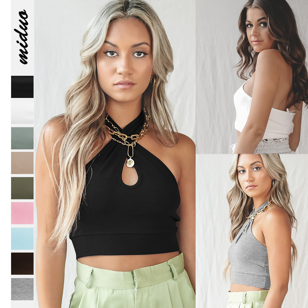 

Summer new products womens knitted casual tanks top halter super short solid color backless sexy sleeveless T-shirt garments for girls new fashion bottoming shirts, Lightgreen