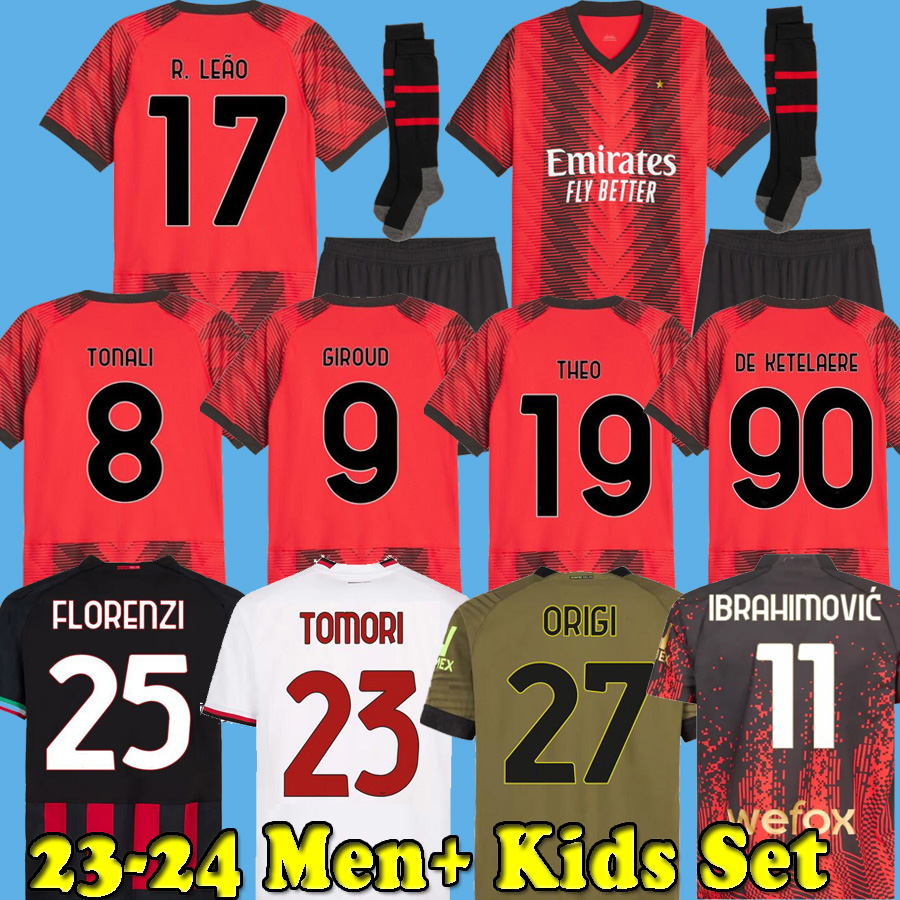 

IBRAHIMOVIC 22 23 24 AC MILANS soccer jerseys Player Fans GIROUD DE KETELAERE R. LEAO TONALI THEO 2023 2024 football shirt special fourth 4th men kids kit uniform Set, Kids 22 23 home with socks