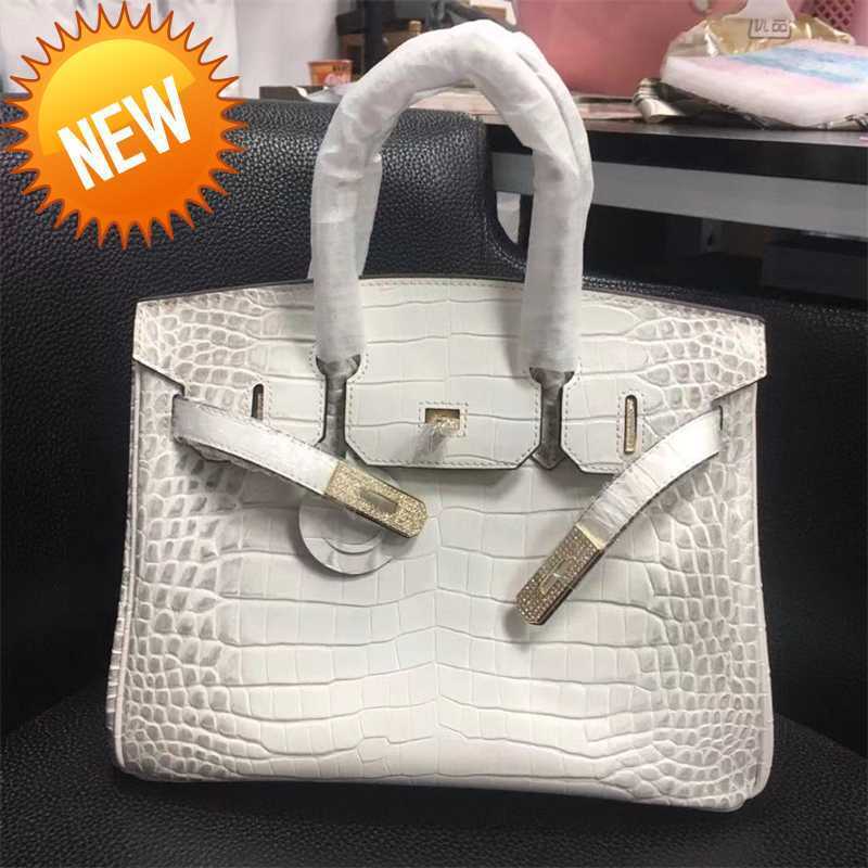 

Birkin Diamond Buckle Bags Designer H erms Handbags Lady Begonia Luxury Crocodile Pattern Bag Half Seam Wax Thread Women's Leather Handbag For LesbiansGK, Himalayan gold buckle 25cm