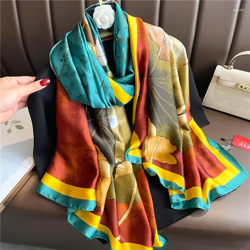 

Scarves Fashion Silk Satin Shawl Wraps For Women 180 90cm Large Spring Beach Stoles Foulord Female Print Head Scaraves Hijab Echarpe