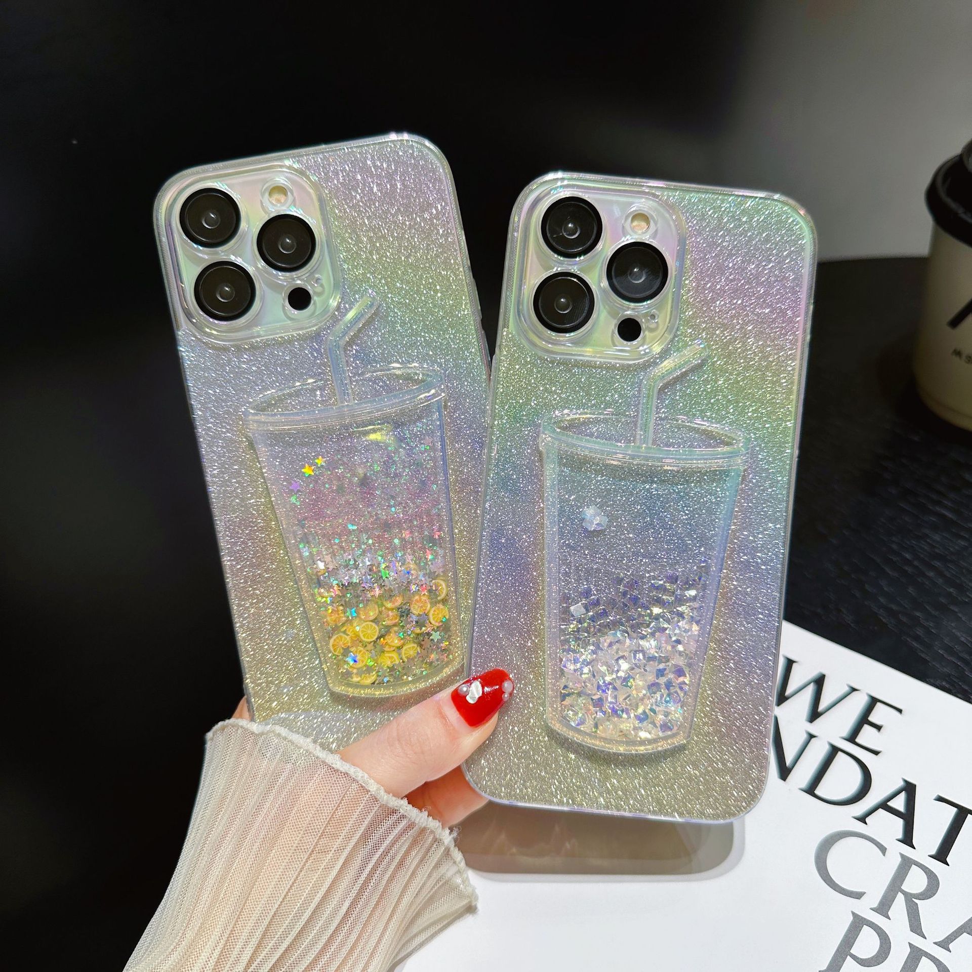 

3D Dynamic Liquid Quicksand Cup Phone Case For iPhone 14 12 11 13 Pro Max Gradient Color Soft Shell Bling Powder Lens Protector