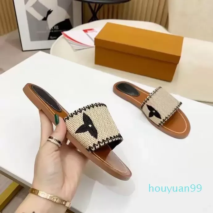 

2023 Women Louisity Slippers Top Quality Outdoor Banquet Slide Shoes Pp Straw Summer Leather Sandals Multicolor Flat Heel Mule Letter Size 35-42 GGity, Light tan