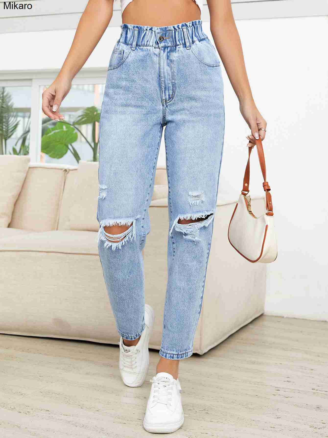 

Mikaro 35763 # Women's INS Fashion Trend Slim Casual Perforated Straight denim Pants, Light blue