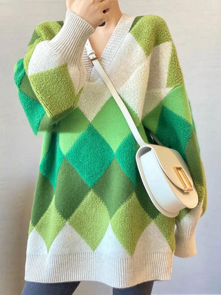 

Women' Sweaters Argyle Knitted Sweater Women Autumn Winter Fashion Chic Pullovers Casual Loose Basic Jumper Long Sleeve O-Neck Tops, Green