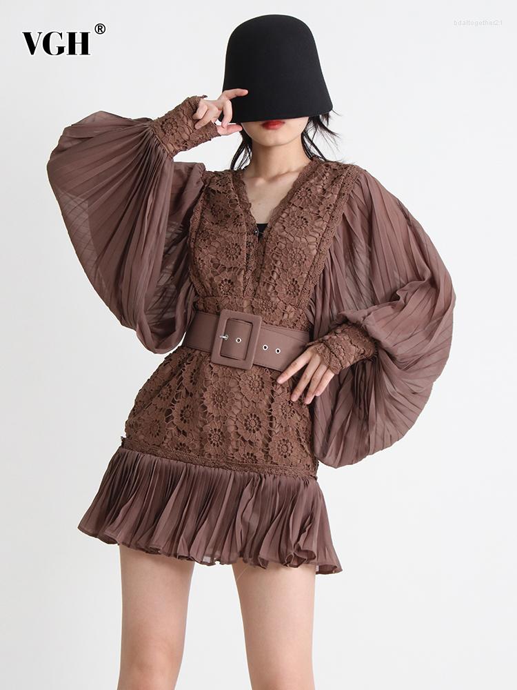 

Casual Dresses VGH Embroidery Hook Flower For Women V Neck Long Sleeve High Waist Patchwork Belt Ruffles Elegant Dress Female Summer, Orange