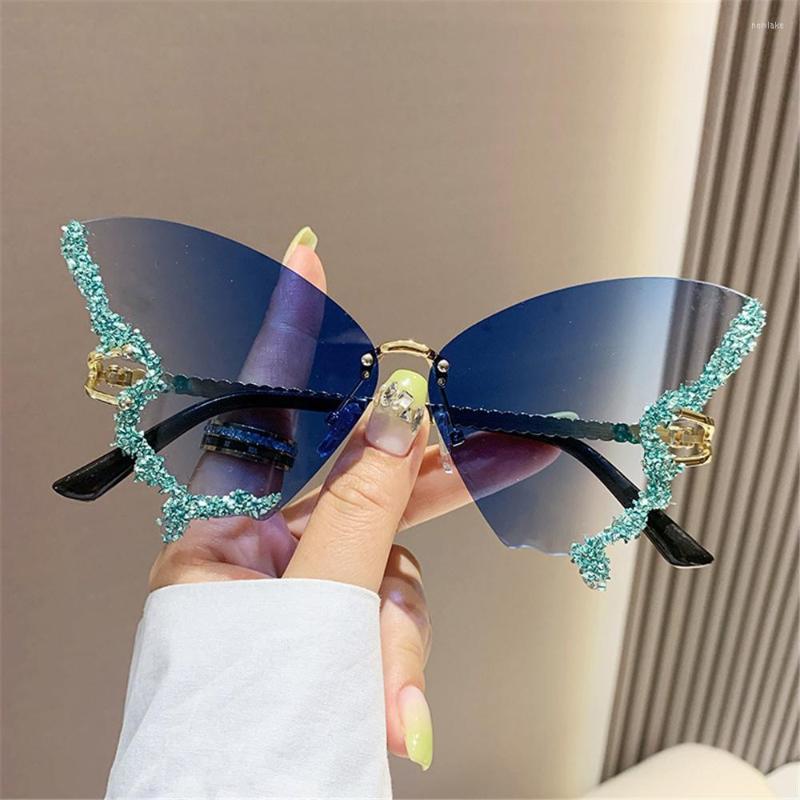 

Sunglasses Blue Butterfly For Women Luxury Rhinestone Sun Glasses Vintage Rimless Y2K Shades Ladies Bling Rhinestones Eyewear