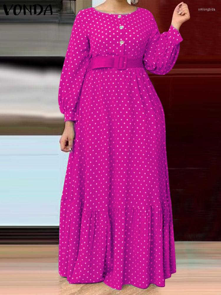 

Casual Dresses VONDA Elegant Polka Dot Evening Dress Women Ruffled Bohemian Party Sundress 2023 Belted Long Sleeve Buttons Maxi Robe, Yellow