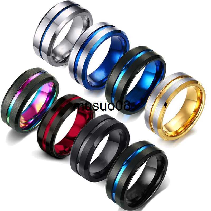 

Band Rings FDLK Fashion 8MM Men's Stainless Steel Rings Colorful Groove Beveled Edge Wedding Engagement Ring Men's Anniversary Jewelry J230602