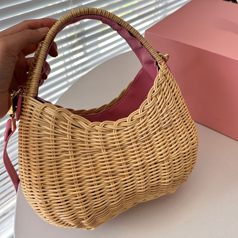 

Vine Weaving Hobo Underarm Bags Straw Shoulder Bag Handbags Shopping Women dsigner Handbag purse Plain Messenger Leather Adjustable straps, Pink