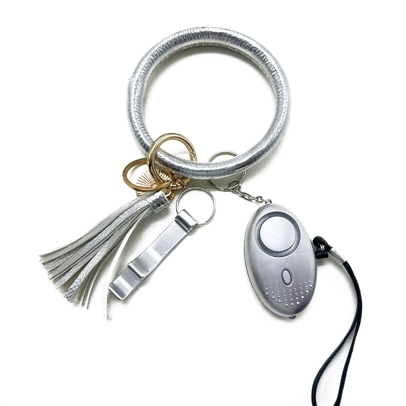 

silver color Popular 3-piece set of self-defense key chain alarm bottle opener wrist strap girl key chain